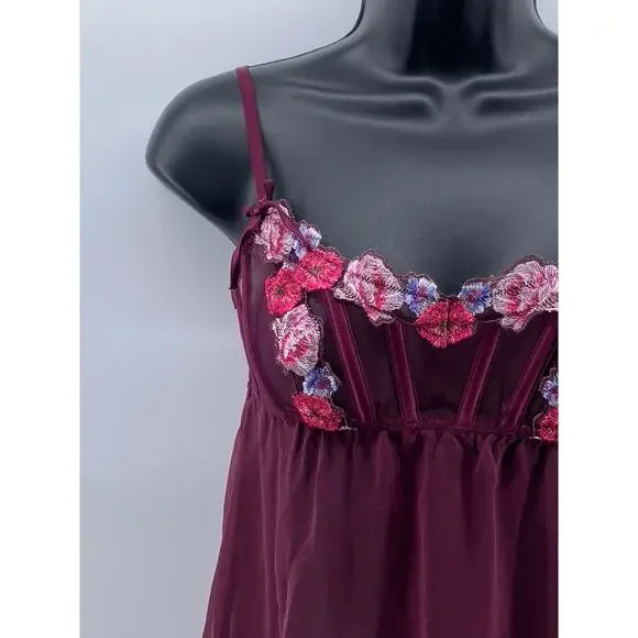 VICTORIA'S SECRET Women's Burgundy Floral Mesh Spaghetti Strap Night Gown SZ XS - Picture 3 of 11